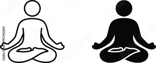 Set of 2 meditation icons vector: outline and solid black yoga pose for wellness apps