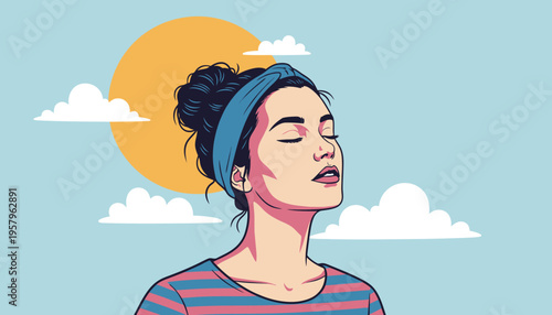 Young woman with closed eyes enjoying sun and clouds, vector illustration for relaxation