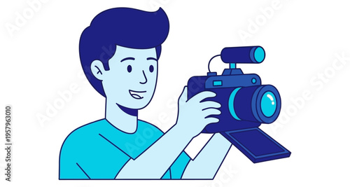 Filmmaker Operating Professional Video Camera with Microphone Attachment Focused on Production Minimalist Line Art Style