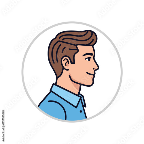 Stylized cartoon profile of a smiling man in a blue shirt within a circle