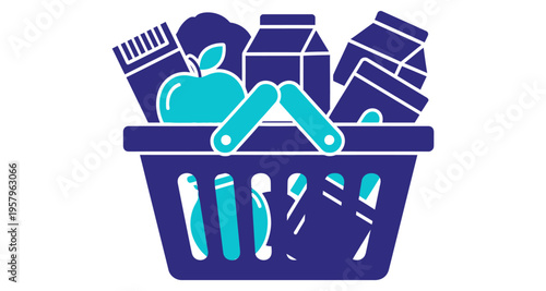Grocery Basket Filled With Assorted Food Items Fresh Produce Dairy and Packaged Goods Flat Design