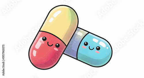 Cheerful cartoon capsules featuring happy smiling faces, illustrating a friendly approach to medication, health, and wellness with a touch of playful charm and care