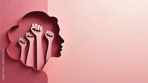 Vector illustration of woman's silhouette with raised fists, empowerment symbol