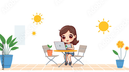 Charming chibi style illustration of a young girl working on her laptop at an outdoor cafe under the bright sun