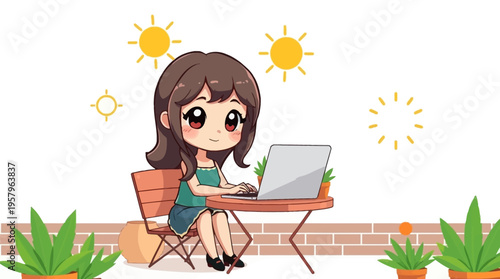 Charming chibi style illustration of a cute girl working on a laptop at an outdoor cafe on a sunny day