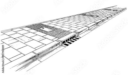 Detailed street footpath pavement perspective urban sidewalk vector illustration design