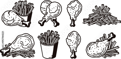 Chicken legs with french fries illustrations in black and white colors  various combinations of food items