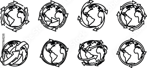 Earth globe icons with arrows around in different directions on white background global connections and movements
