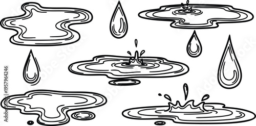 Black and white illustration of various water droplets and splashes  liquid shapes and forms isolated on transparent background