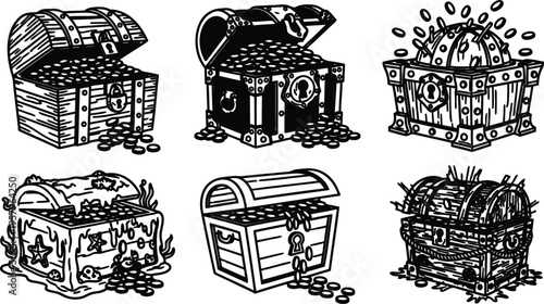 Collection of six treasure chests filled with coins and jewels in different styles and positions  various wooden chests overflowing with riches