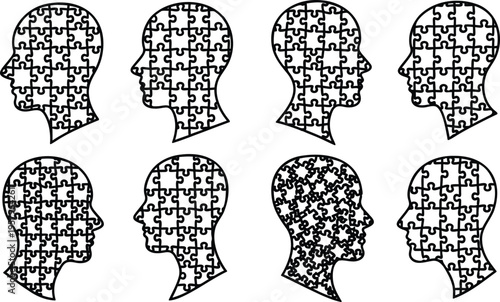 Eight puzzle piece human head silhouettes in various orientations and densities on white background