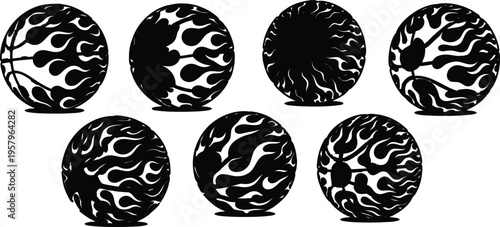 Set of black and white abstract globe designs with swirling patterns on white background