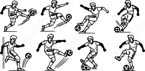 Illustrations of men playing soccer in various kicking positions and movements on white background