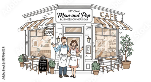 Illustration of a man and woman standing outside a mom and pop cafe on National Mom and Pop Business Owners Day, supporting local business with a warm and inviting atmosphere.
