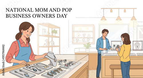 Illustration of a woman serving a customer at a small retail shop counter on National Mom and Pop Business Owners Day with a supportive community atmosphere.