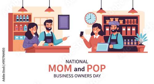 Illustration of mom and pop business owners working together in a cozy retail shop with warm tones, celebrating National Mom and Pop Business Owners Day with a supportive community vibe.