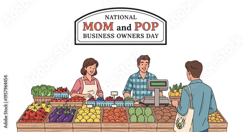Illustration of a small business owner and customer at a local market on National Mom and Pop Business Owners Day with a colorful display of fruits and vegetables.