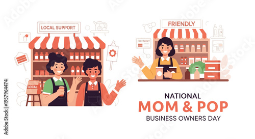 Illustration of a family-owned business concept celebrating National Mom and Pop Business Owners Day with a local store and friendly shop owners.