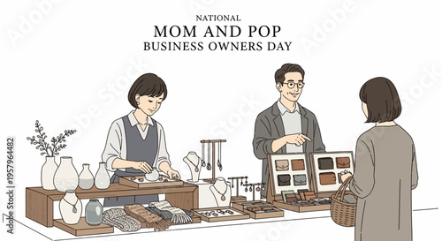 An illustration of a couple running a small retail shop for National Mom and Pop Business Owners Day with a customer, featuring a warm and inviting atmosphere with various products on