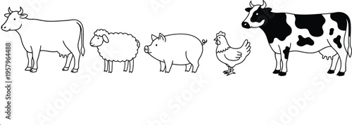 Set of 5 farm animals vector icons: cow, sheep, pig, chicken, and spotted cow