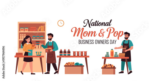 Illustration of a family working together in a local store for National Mom and Pop Business Owners Day with a supportive community business concept.