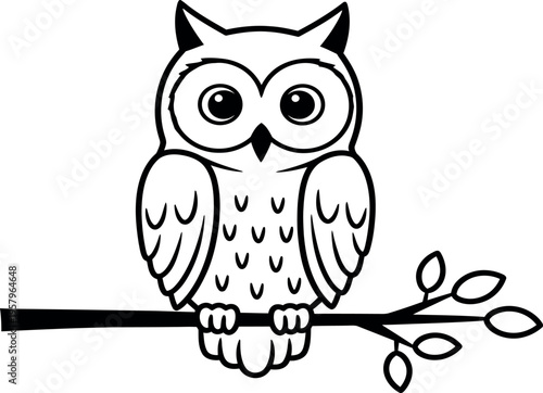 A cartoon owl perched on a branch with leaves looking curious and alert with big round eyes and ears perked up