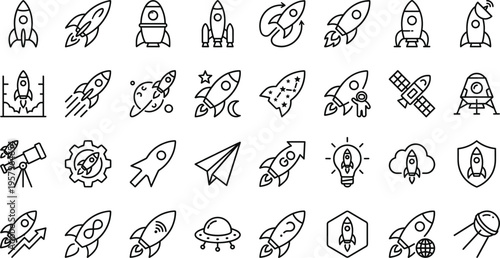 A set of line art vector illustrations featuring various rocket ship designs and space-related concepts in a simple and modern design style.