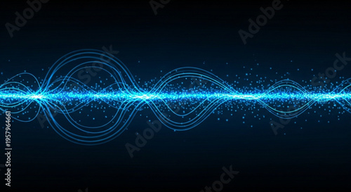 Vibrant blue sound wave with glowing particles on a dark background representing digital audio technology and futuristic communication