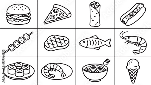 Minimalist Fast Food Line Icon Set in Clean Grid – Modern Monochrome Vector Collection