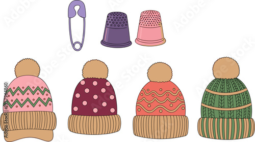 Winter Knitted Hat and Sewing Tools Illustration Set with Cozy Beanies, Thimble, and Safety Pin for Fashion Design, Craft Projects, and Seasonal Accessories Graphics