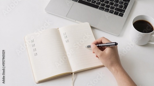 Person's hand writing checklist in a notebook on a clean white desk with laptop and coffee, symbolizing productivity and task management