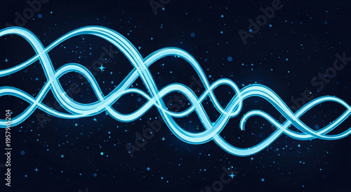 Glowing blue neon light trails wave in space with starry night background conveying technology and innovation concepts