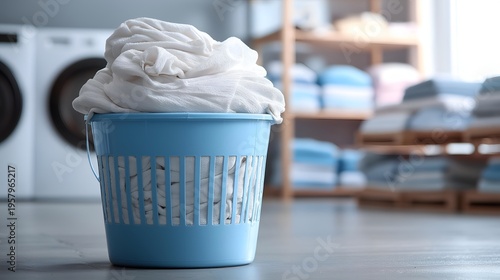 A blue laundry basket filled with fresh white linens, set in a modern laundry room with appliances in the background.