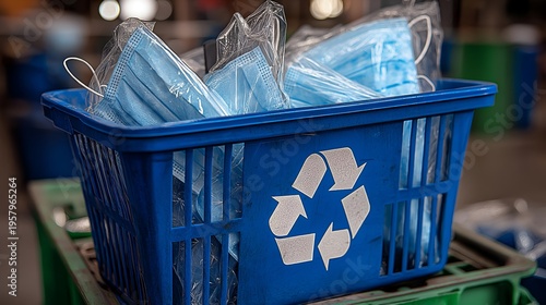 A blue recycling basket filled with used face masks, symbolizing the importance of waste management during a pandemic.