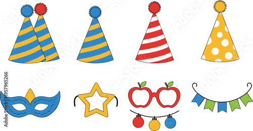 Colorful Party Celebration Icon Set with Hats, Masks, Stars, Apples, and Decorative Bunting Illustration for Birthday Events, Festivals, and Fun Graphic Designs
