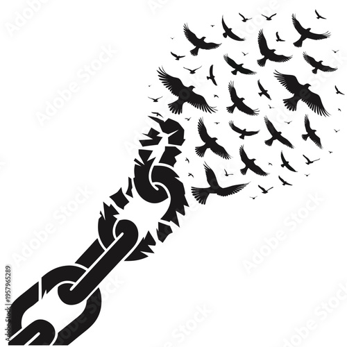 Breaking free chain link with birds taking flight in silhouette