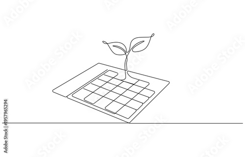 Continuous one line drawing of a calendar, depicting organization and time, line art style illustration.