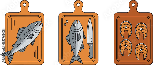 Fish Preparation Process on Wooden Cutting Boards with Whole Fish, Knife, and Sliced Pieces Seafood Cooking Illustration Set for Kitchen Design Projects