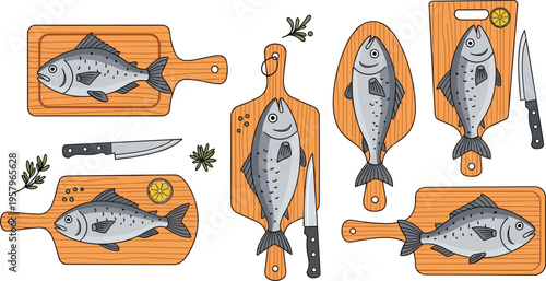 Fresh Fish on Wooden Cutting Boards Collection with Knives and Lemon Seafood Preparation Set for Cooking, Kitchen Design, and Food Illustration Projects