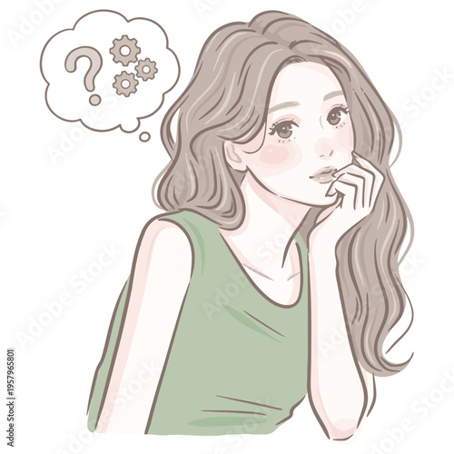 Hand Drawn Vector Illustration of a Thinking Woman with Question Mark and Gears in Thought Bubble