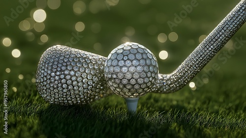 A close-up of a golf club and ball with sparkling highlights on lush green grass, symbolizing precision in sports.