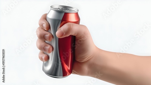 A close-up of a hand holding a metallic beverage can with a glossy finish against a white background.
