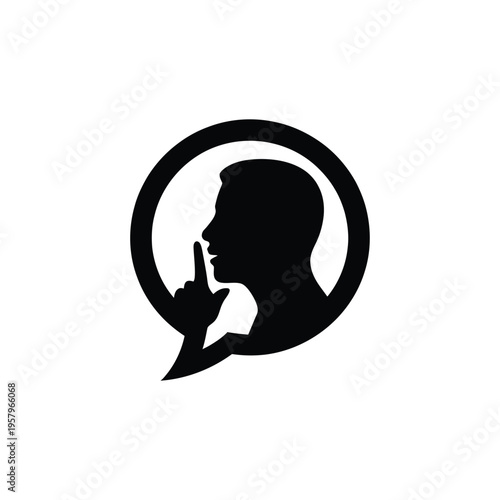 A black silhouette of a man s profile gesturing a quiet shush sign