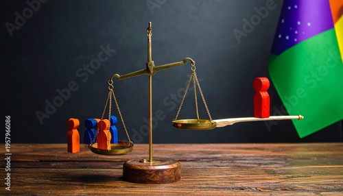 Balance scale with colorful game pieces
