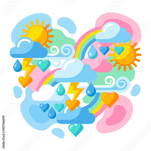 Pastel Weather Fantasy of Rainbows Storm Clouds Sunshine and Hearts