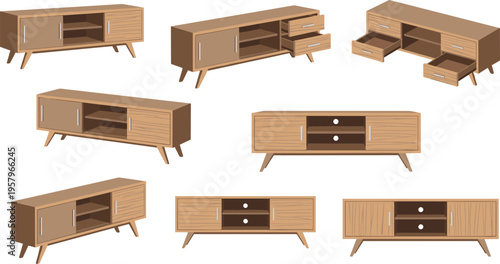 Mid Century Modern Wooden TV Stand and Sideboard Set with Drawers and Shelves Retro Furniture Collection for Living Room Interior Design