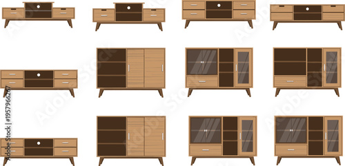 Mid Century Modern Wooden Cabinet and Sideboard Set with Drawers, Shelves, and Glass Doors Retro Furniture Collection for Interior Design Projects