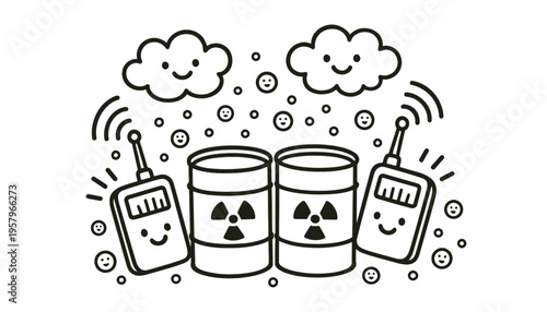 A cartoon illustration of radioactive barrels with happy walkie talkies and clouds
