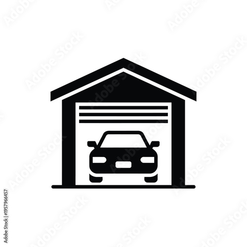 Simple black and white icon depicting a car parked inside a garage