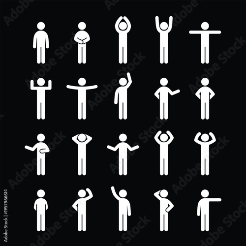 Set of 20 white stick figure icons on black background, each showing a unique human pose or gesture. Ideal for illustrating body language, communication, UX design, behavioral studies, and motion conc